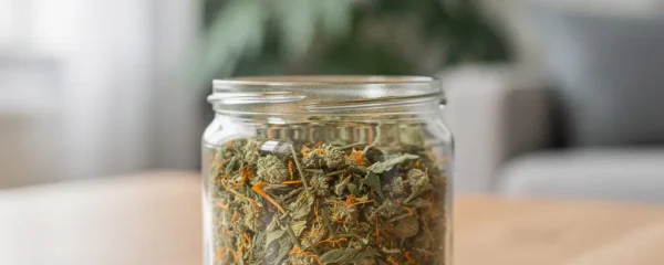 Fleurs de chanvre T10 dans un bocal en verre ouvert, ambiance salon cosy