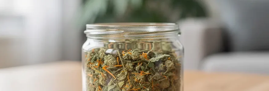 Fleurs de chanvre T10 dans un bocal en verre ouvert, ambiance salon cosy