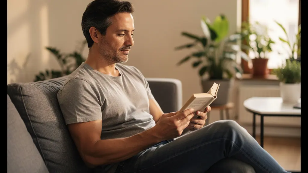 Personne trentenaire européenne détendue dans salon cosy avec livre